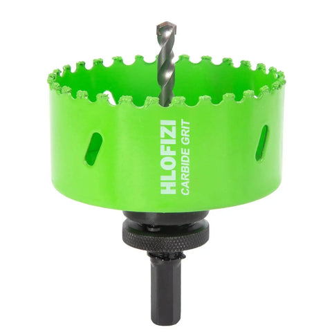 Front view of a green Carbide Grit Hole Saw For Stucco And Drywall Three And One Half Inch Cutter With One And A Half Inch Depth Up To 3X Faster Through Plaster Cement Board PVC And More, Clean Smooth Holes, Cuts Like Butter, HLOFIZI with attached pilot bit.