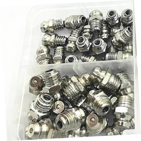 Assorted fittings in Grease Fitting Kit With All In One Grease Gun Nozzles For Lubricating Bearings And Machinery Assorted Fittings In Various Sizes Angled And Screw Nozzles Durable Construction Storage Case Included Great For Home Shop And Industrial Use