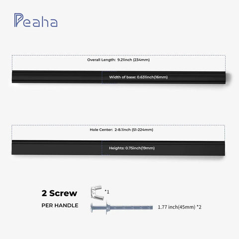 Diagram of Ten Pack Adjustable Black Cabinet Drawer Pulls from 2 to 8.8 inches hole spacing, showing dimensions and screws.