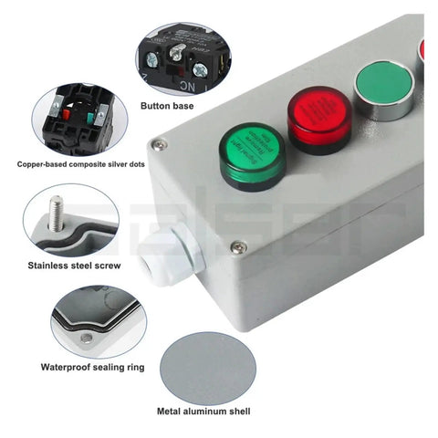 Industrial 1P Push Button Control Box Explosion Proof Waterproof Junction for Harsh Environments with buttons and components labeled