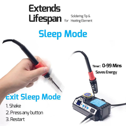 Pro Grade 110W Soldering Station Kit With 3 Preset Channels And Sleep Mode in use with displayed sleep mode feature.
