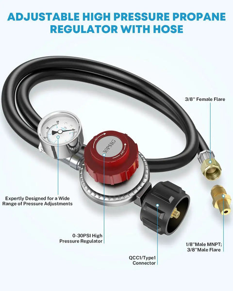 Adjustable 4 Ft Propane Regulator Hose Kit With Dual 0 To 30 PSI And 0 To 60 PSI Gauges Stainless Steel Three Eighths Inch Flare Fitting