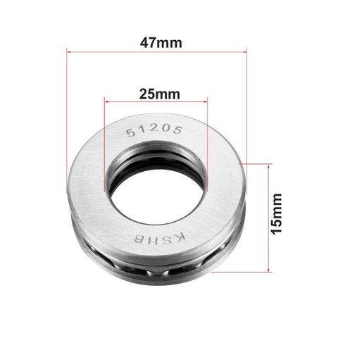 Thrust ball bearing, 25mm bore, 47mm outer diameter, 15mm width, chrome steel, silver.