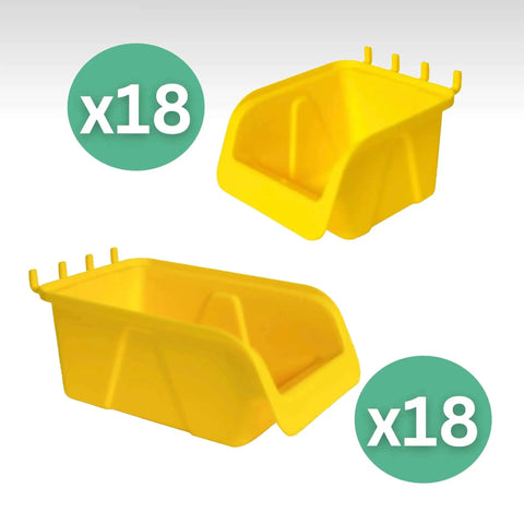 36 Pack Pegboard Bin Kit With 18 Medium And 18 Large Yellow Bins For Garage Workshop Craft Room Office And Workbench Organization All In One Durable Pegboard Storage Bins And Parts Organizer Accessories Made In USA