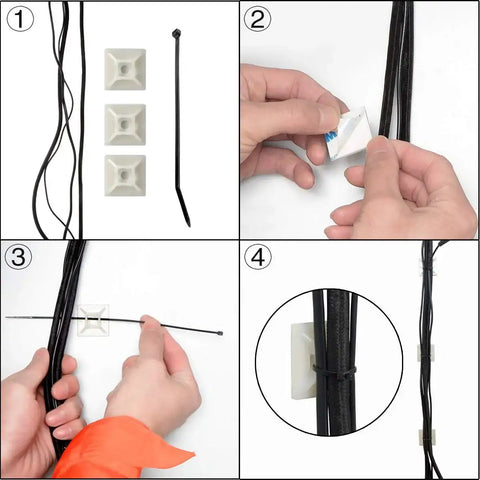 Installation steps of 100 Pieces Black Self Adhesive Cable Zip Tie Mounts Three Quarter Inch Nylon Clips for wire organization.