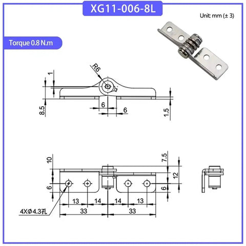 Front view of XG11-006-8L damping hinge with 0.8 N·m adjustable torque and metal mounting plate