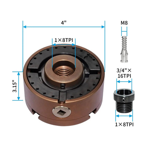 Four Inch Wood Lathe Chuck Set With 1 Inch By 8 TPI Thread And Three Quarter Inch By 16 TPI Adapter displayed with dimensions