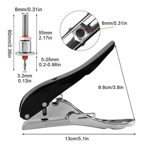 8mm Heavy Duty Hole Punch Set With Countersink Drill And Wrench, handheld tool dimensions and features, black steel design