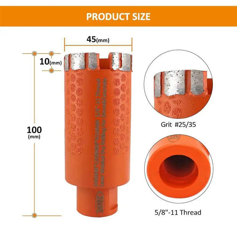 Diamond Core Drill Bit 1.75 Inch Diameter For Concrete Granite Marble Travertine And Terrazzo Dry Or Wet Cutting With Vacuum Brazed Outside Protection And Inner Core Guard 5/8-11 Thread 4 Inch Total Length Coarse Grit 25 To 35 shown in orange with dimensions and thread details