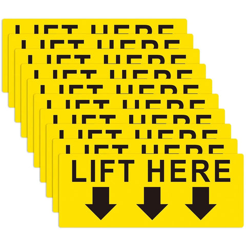 Lift Here label decal set, 5x2 in, bright yellow with black text and downward arrows, 10-pack