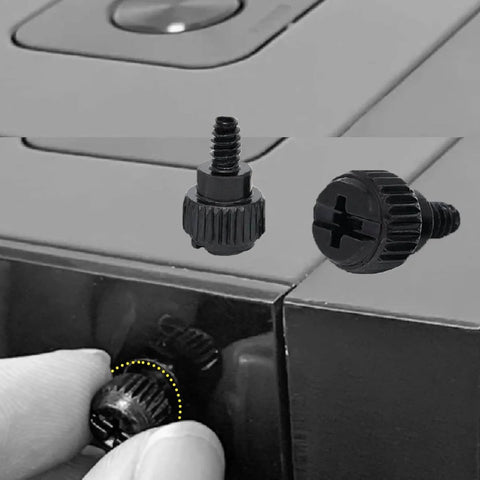 Black 6-32 Aluminum Thumb Screws with textured head used for computer case panels, showing installation on a PC case.
