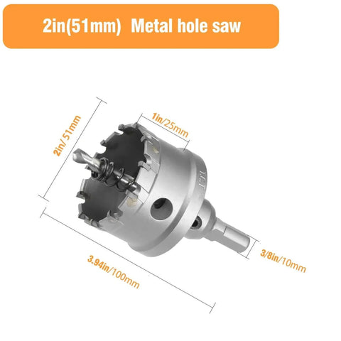 2 Inch Tungsten Carbide Tipped Hole Saw Kit With Spring Loaded Pilot Bit For Stainless Steel Hard Metal Iron Wood And Plastic Pro Grade Heavy Duty 51mm Cutter Uses Industrial Grade TCT Teeth For Long Lasting Sharp Cuts And Easy Drilling, showing dimensions