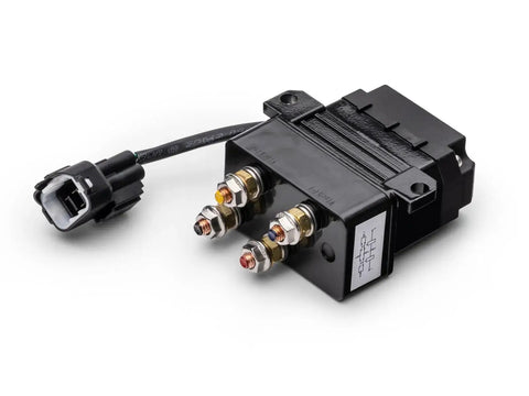 Winch solenoid pack, side view, black with four terminal posts for ATV/UTV winch