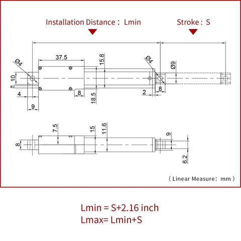 Technical drawing of a compact 25mm stroke linear actuator, showing dimensions and installation details, IP54 aluminum body.