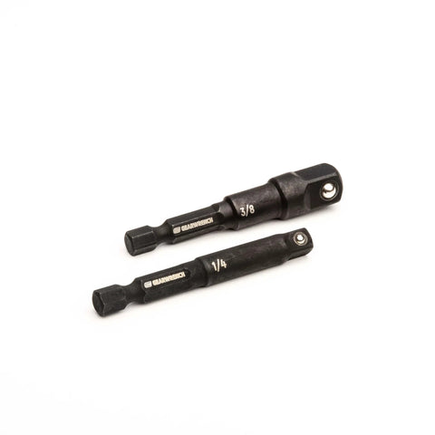 Two impact adapters from Seven Piece Metric Bolt Biter Extraction Socket Set With One Quarter And Three Eighths Inch Drive Bidirectional For Damaged Fasteners