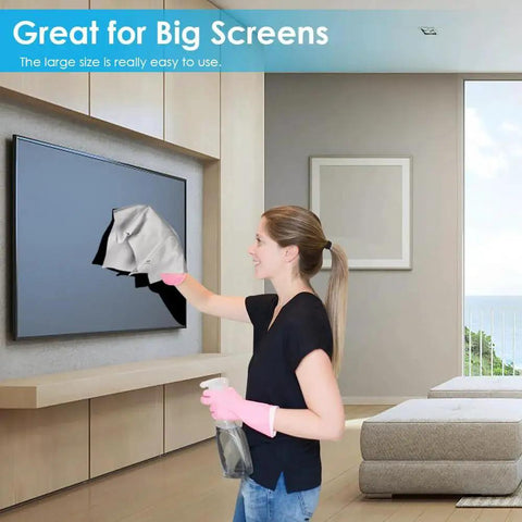 Woman cleaning large TV screen with 6 Pack 12x12 Microfiber Cloths For Glasses And Screens Individually Wrapped.
