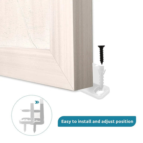 Close-up of Eight Piece White Sliding Closet Door Floor Guides For Bypass And Pocket Doors Made From Durable POM Material with screws.