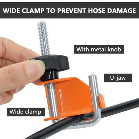 Close-up of a wide clamp with a metal knob and U-jaw from the 4 Piece Hose Pinch Off Pliers Set For Fuel Line Coolant Radiator Brake Hoses Automotive Clamp Pliers Durable Tool For Precise Fluid Control And Leakage Prevention In Vehicle Maintenance Ideal For Automotive Repair Shops And DIY Enthusiasts.