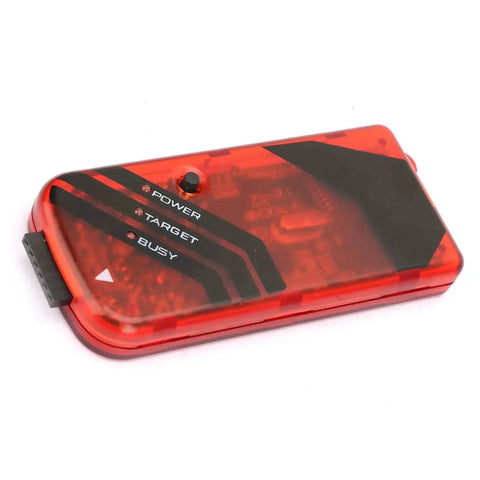 Budget Friendly Microcontroller Programmer Debugger And Emulator For Beginners with red casing and indicator LEDs
