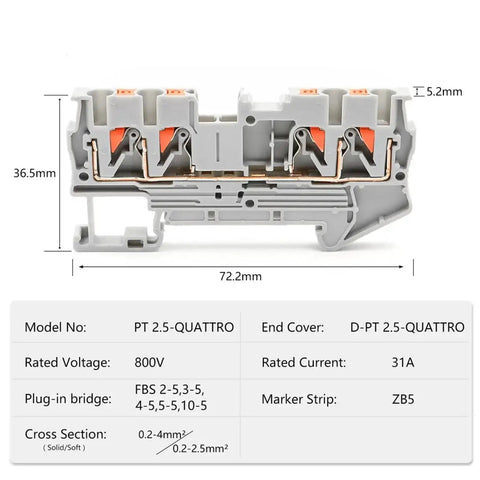2.5mm2 4 Wire Terminal Block For DIN Rail With Spring Clamp, Orange, Compact Electrical Connection, product dimensions shown