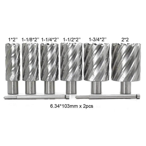 Heavy Duty Annular Cutter Set For Drill Press Six Pieces Three Quarters Inch Weldon Shank Two Inch Cutting Depth One To Two Inch Diameter Range HSS Slugger Bits Magnetic Drill Compatible With Two Pilot Pins JESTUOUS
