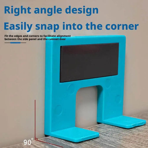 Right angle design corner alignment tool for cabinet installation, blue with black magnetic strip for easy corner fit.