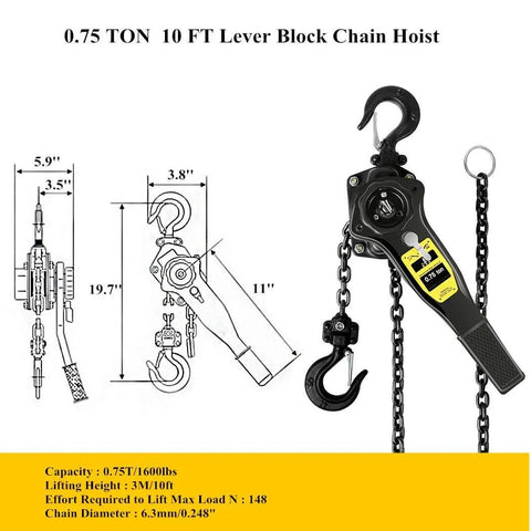 Lever Chain Hoist 3/4 Ton Manual Ratchet Chain Puller Lift 10 Ft Aluminum Hand Wheel 6 Mm Chain 1650 Lbs Capacity diagram