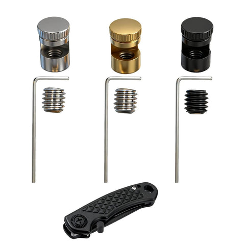 9 Piece Universal Quick Open Thumb Studs Replacement Set For EDC Knives Easy One Hand Flip Upgrade With Hex Wrench Compatible With Kwik Tools And Gear Maintenance Hardware Parts Installation Kit In Black Silver Gold.