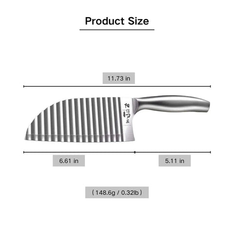 Stainless Steel Crinkle Cutter For Wavy Fries And Veggies, Ultra Sharp Knife with 11.73 in length, shown with measurements