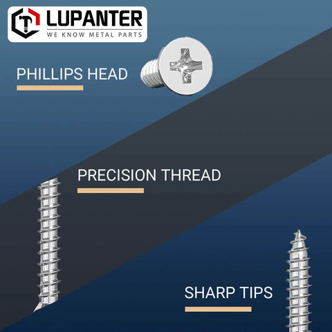 Close-up of 180-Piece Stainless Steel Wood Screws Set With Flat Head And Phillips Drive showing phillips head and screw threads.