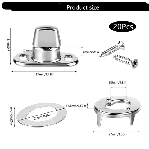 20-piece stainless twist-lock fastener set for canvas/marine use; includes base plate, screws, eyelets, and studs.