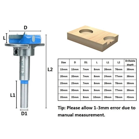 Diagram of Adjustable Carbide Drill Bit For Hinge Holes 30mm Diameter Pro Grade Boring Tool with measurement guide.