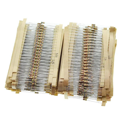 Resistor kit: two bundles of axial carbon-film resistors on taped strips with color bands.