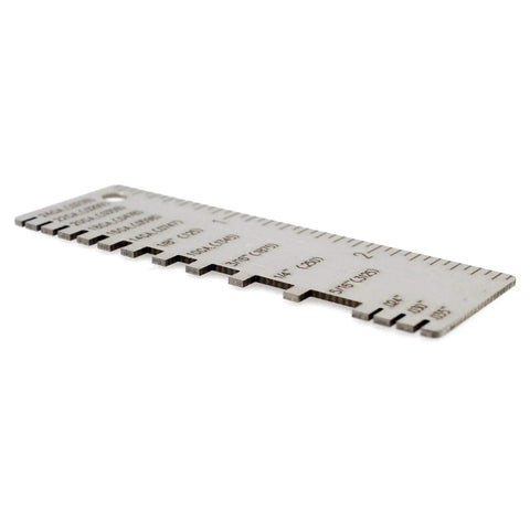 Close-up of a 2 Pack Stainless Steel Welding Gauge Kit for Sheet and Wire Thickness - Dual-Sided Round Wire Gauge 0-36 AWG and SAE, Cable and Metal Sheet Gauge, Workhorse Precision Measurement Tool.