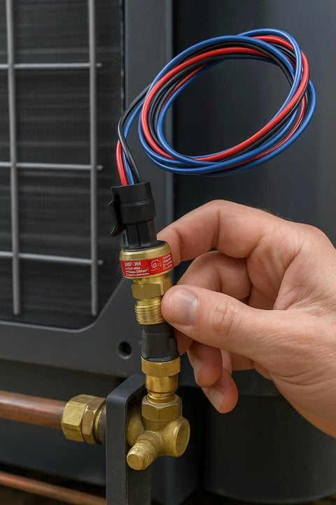 ICM 380 pressure transducer sensor with brass fitting and red/blue/black 3-wire lead, installed on HVAC refrigerant line