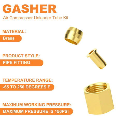 GASHER brass air compressor unloader tube kit: 1/4 in sleeve ferrule, compression insert, compression nut (3 pcs)