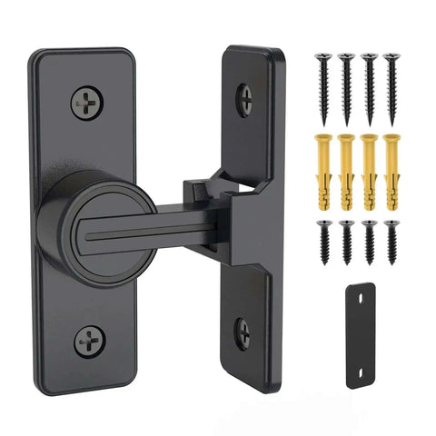 90 Degree Flip Barn Door Lock Heavy Duty Sliding Gate Latch Matte Black Zinc Alloy Rustproof Construction with screws and installation parts