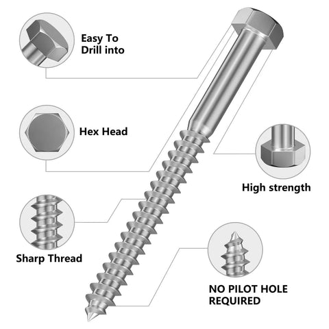 Heavy Duty Stainless Steel Lag Screws Set for Wood Half Inch by Five Inch Hex Head Bolts Ten Pack 304 Stainless 18 8 Rust Resistant