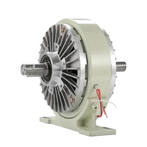Side view of dual-shaft electromagnetic powder brake with base, DC24V, metal housing.