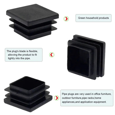 12 Pack 19mm Square Plastic Plugs End Caps For Square Tubing Black, shown in detailed views highlighting versatility and application.