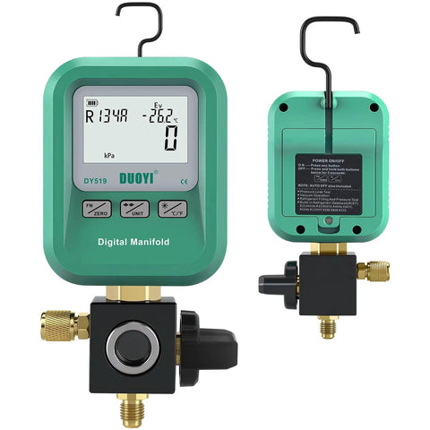 Front and back view of 3 In 1 HVAC Digital Manifold Gauge For Refrigerant Charging Vacuum Testing And Leak Detection NIST Compatible