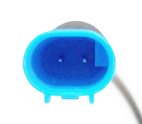 Brake wear sensor, blue round front view with two metal pins, Amazon automotive part