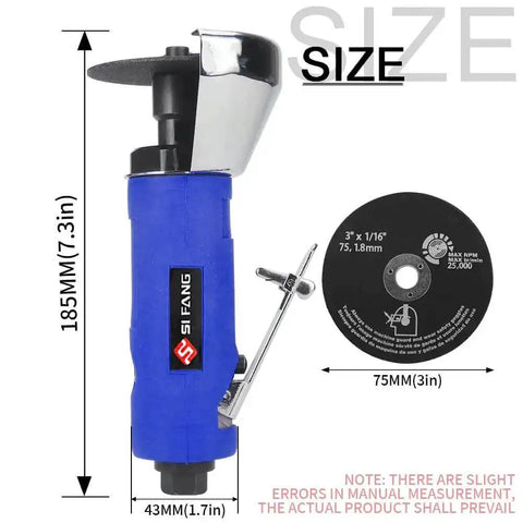 3 Inch Air Cut Off Tool Kit With Five 3 Inch Cutting Discs showing dimensions and features in blue aluminum housing