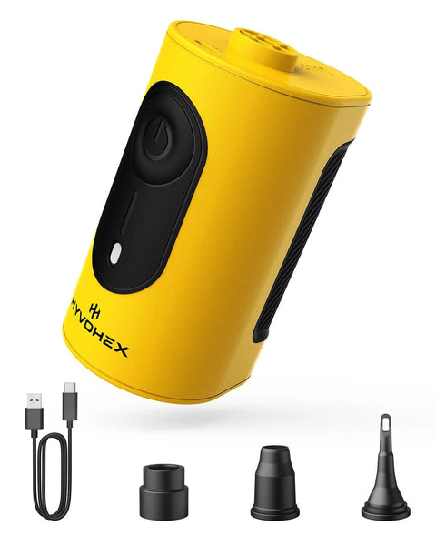 Portable air pump for inflatables, yellow handheld unit with USB-C cable and 3 nozzle adapters.
