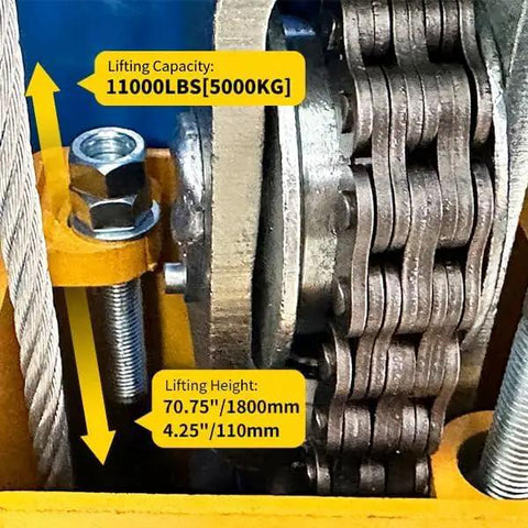 Close-up of ME-LM110S two-post car lift chain and locking mechanism on a yellow post, 11000 lb capacity