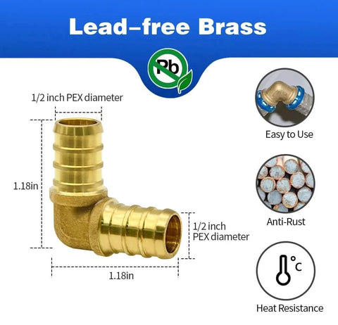 30 Piece Half Inch PEX Brass Crimp Fittings Set With Tees Elbows Couplings Straights For Hot Water And Cold Water Plumbing Systems Durable Corrosion Resistant Brass Build Quality Perfect For DIY Home Renovations And Professional Plumbing Projects, showing close-up of elbow fitting with dimensions and features.