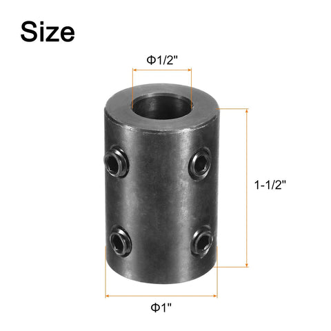 uxcell shaft coupling, 1/2 inch bore, 1 inch OD, 1-1/2 inch length, black oxide steel, 4 set screws