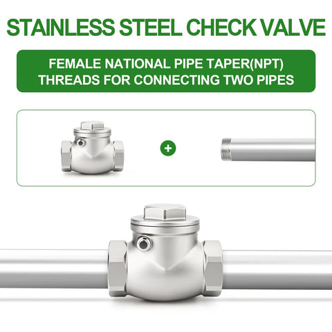 Stainless steel 1-1/2 in NPT female swing check valve installed between two pipes