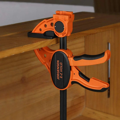 Jorgensen 2-pack 12-inch ratchet bar clamps, orange and black, EZ Hold expandable spreader