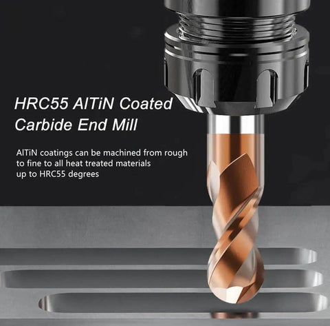 Close-up of an HRC55 AlTiN Coated Carbide End Mill in use. Ball Nose Carbide End Mills Set For CNC Router Bits, 5pcs 1 To 4mm With 2 Flute Spiral Design.